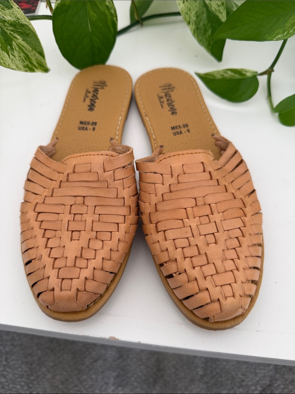 Woven Leather Slide Mules in Tan